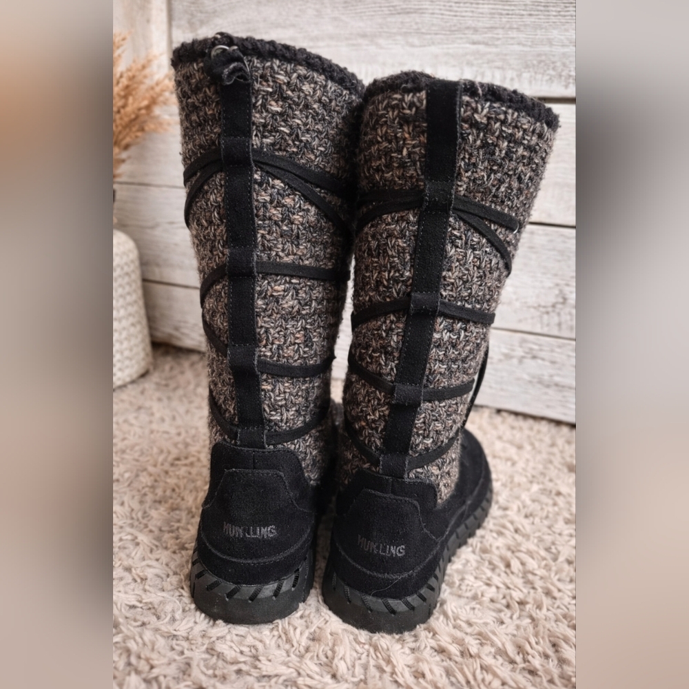 Muk Luks Tall Knit Winter Boots Black Gray Size 7 Cozy Warm Boots - Picture 3 of 4